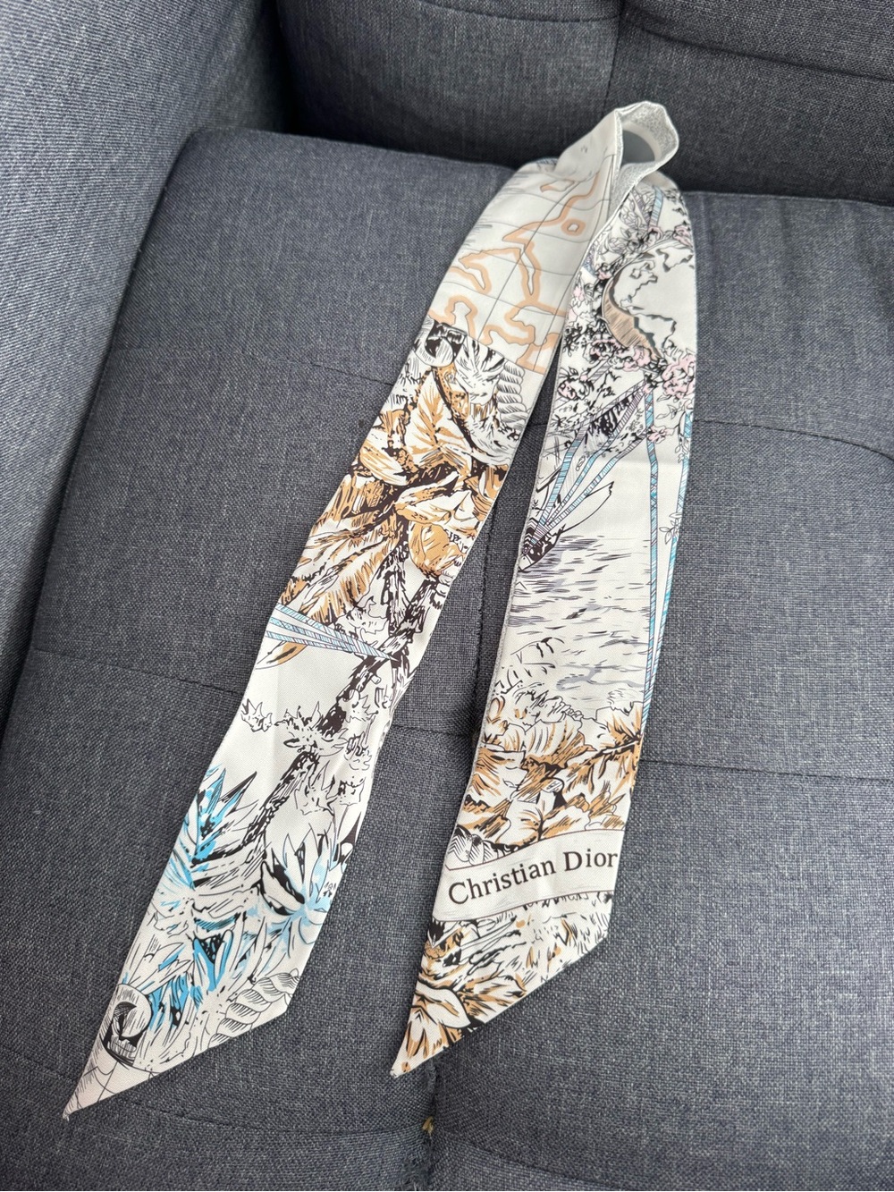 Dior Cream, Gray & Light Blue Silk Twilly Scarf